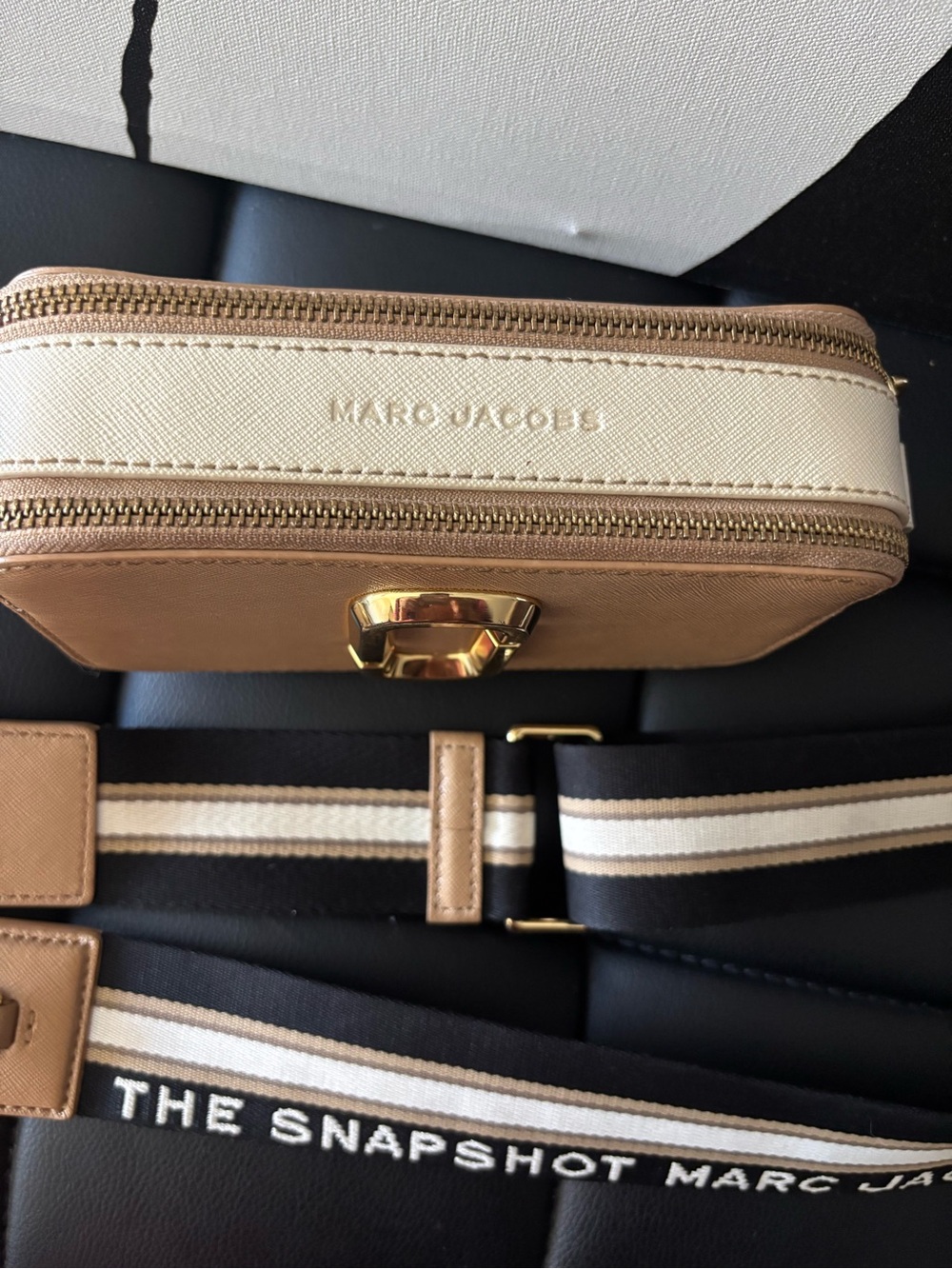 Marc Jacobs Tan & Black Snapshot Crossbody with Striped Strap - Picture 10 of 11